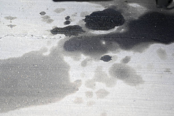 Oil stains on a concrete driveway, demonstrating the need for effective removal techniques.